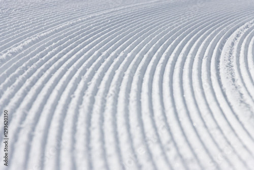 Close up of curved lines in white snow textured surface winter background