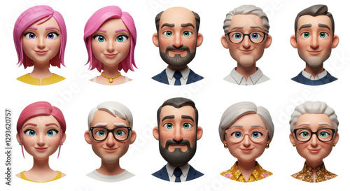 3D illustration of smiling people close up portraits set. Cute cartoon business men and women avatars, multi ethnic male and female characters faces, isolated on white