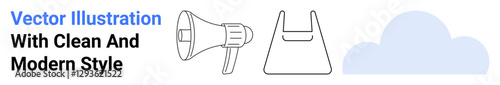 Megaphone, plastic bag, and cloud elements in clean minimalist line art. Ideal for environmental campaigns, pollution issues, public awareness, sustainability, advocacy, eco-friendly projects flat