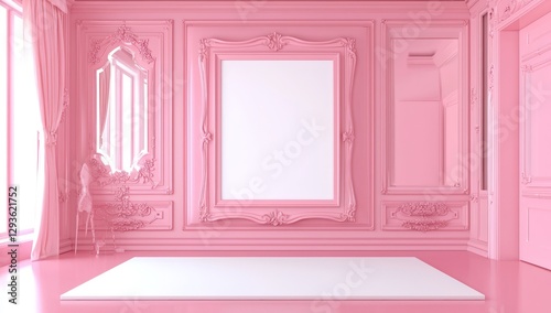 Blank canvas with frame mockup in a vast pink room, 3D visualized.