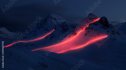 Red light trails illuminate snowy mountain peaks at night.