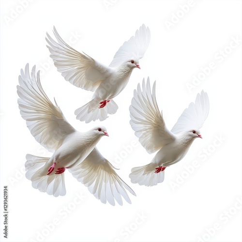 Three majestic white doves gracefully flying in a clear blue sky with wings spread wide, symbolizing peace and freedom