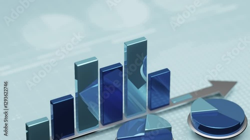 Increasing metallic bar graph and pie charts on flat digital screen showing infographics regarding financial market. 4K resolution animation for presentation of corporate investments.