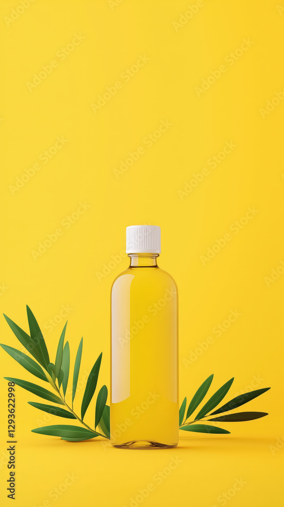Olive oil bottle with green leaves on bright yellow background Olive oil bottle with green leaves on bright yellow background