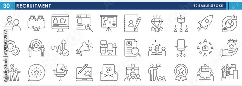 A set of line icons related to Recruitment. Recruit, jobs, startup, CV, benefit, vacancy, award, target, contact, job assignment, and so on. Vector editable stroke.