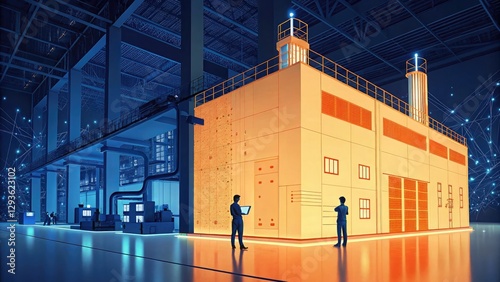 OT security. A futuristic industrial scene featuring a large facility with glowing elements, showcasing technology and innovation, illuminated in blue and orange tones.