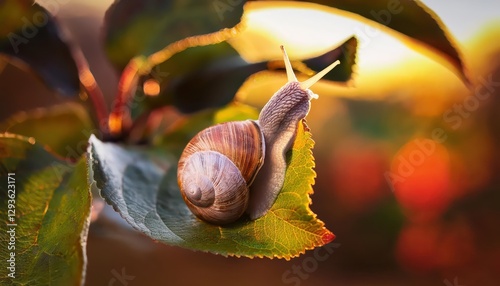 Closeup of Grove Snail Cepaea nemoralis on Apple Leaf A Symphony of Green and Brown, Captivating Detail in a Peaceful Woodland Scene photo