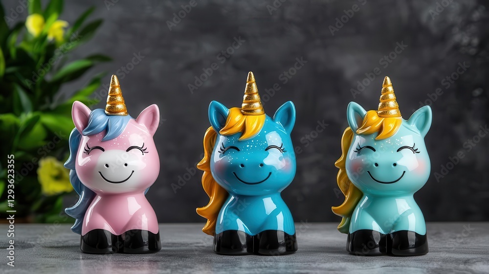 Obraz premium Colorful unicorn figurines on a textured background with soft lighting.
