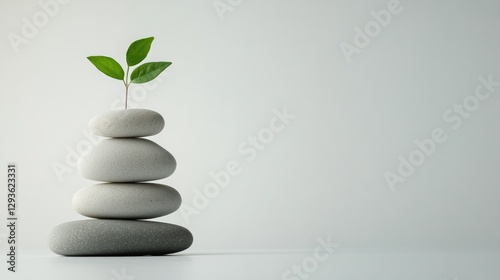 Balanced stones create serene foundation for budding green plant