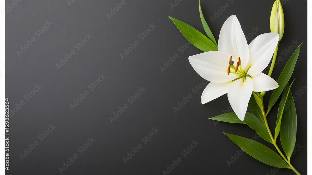 Obraz premium Elegant White Lily Flower with Green Leaves on Dark Background