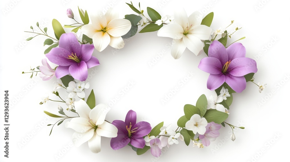 Elegant Floral Wreath with Lilies and Blossoms on White Background Elegant Floral Wreath with Lilies and Blossoms on White Background