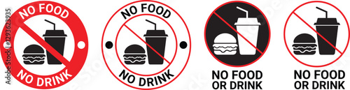 No food or drink allowed sign. No eating or drinking sign. No food or drink logo, label, badge, sticker, symbol, emblem, stamp, banner, circle, black, line, flat vector, isolated illustration. 