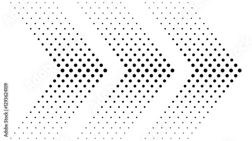 Abstract halftone dotted arrow pattern. Black dots arranged in a dynamic, forward-moving design on a white background. Design for modern, tech, and futuristic themes.