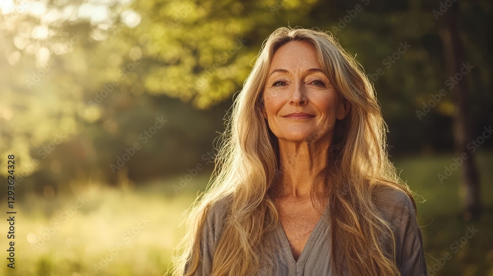 Naklejka premium Mature Woman Smiling Outdoors in Natural Light