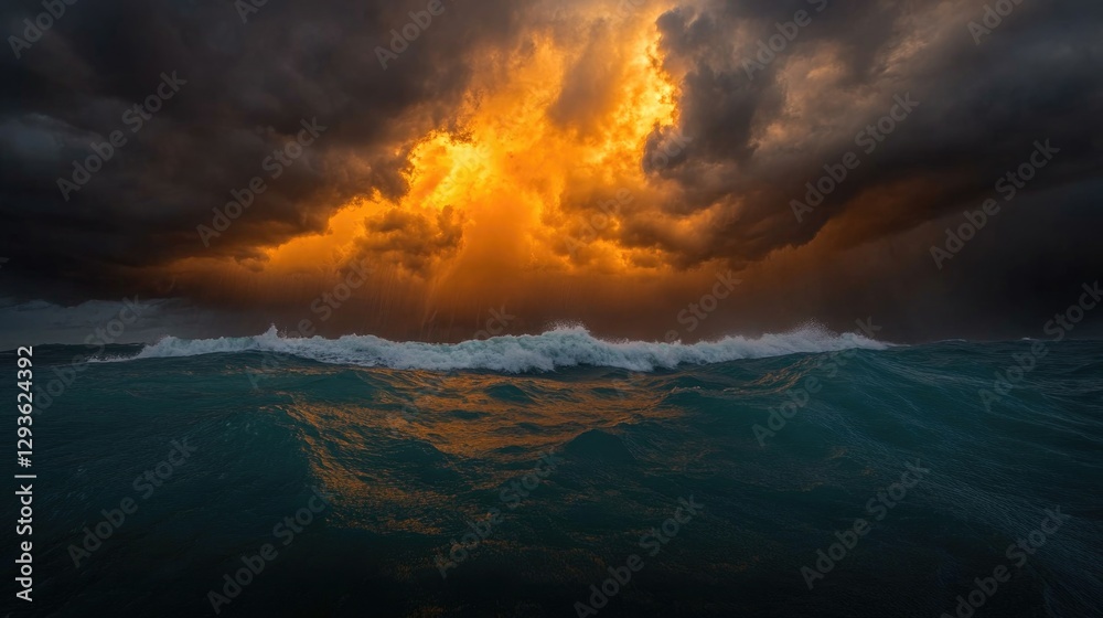 Fototapeta premium Dramatic seascape captures vibrant sunset amidst dark stormy clo