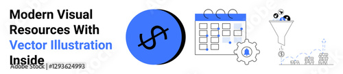 Currency icon, calendar, gear, funnel, and bar chart depicting productivity, financial management, business optimization. Ideal for financial planning, CRM tools project tracking analytics