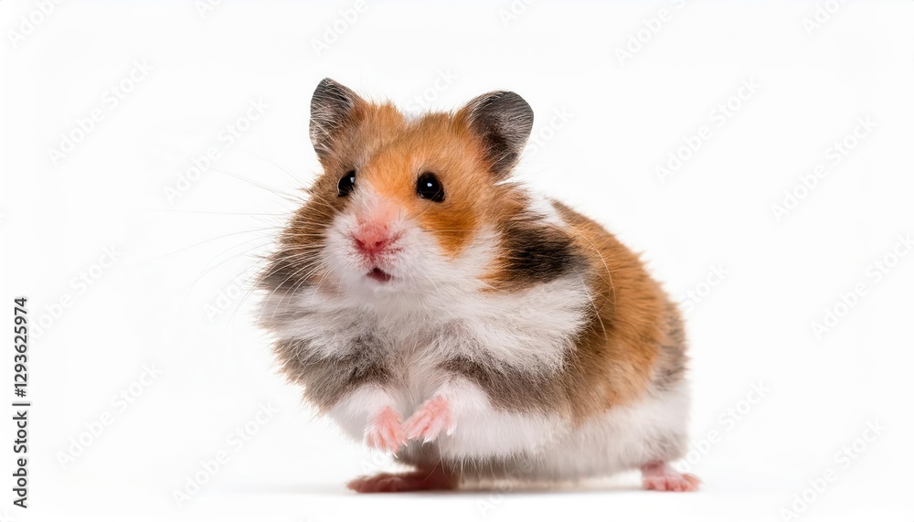 Isolated Hamster Standing Elegantly on White Background, Showcasing Playful Agility and Soft Fur Textures in a Minimalist Setup, Invoking a Quirky yet Serene Mood. Isolated Hamster Standing Elegantly on White Background, Showcasing Playful Agility and Soft Fur Textures in a Minimalist Setup, Invoking a Quirky yet Serene Mood.