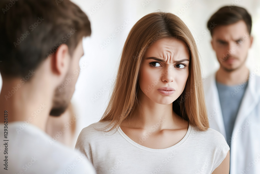 Young woman expressing confusion and skepticism with man and doctor in background. Close-up of skeptical young woman frowning, with two men blurred in background, depicting tension or disagreement. Young woman expressing confusion and skepticism with man and doctor in background. Close-up of skeptical young woman frowning, with two men blurred in background, depicting tension or disagreement.