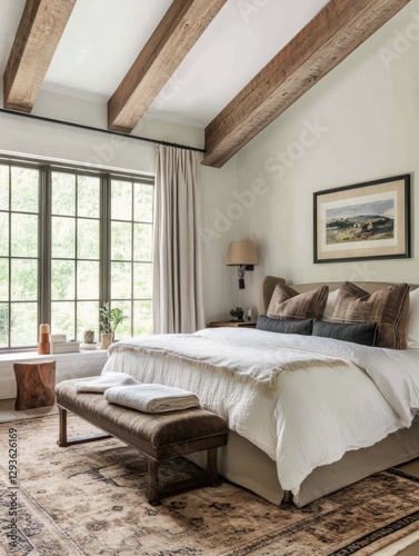 Modern bedroom with decorative wooden beams and a large window