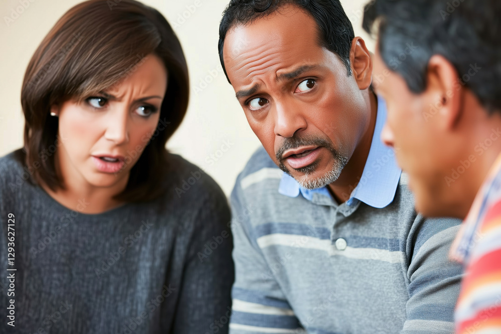 Concerned couple in an intense discussion with another person. Worried couple expressing concern and confusion while listening to man during serious discussion indoors. Concerned couple in an intense discussion with another person. Worried couple expressing concern and confusion while listening to man during serious discussion indoors.