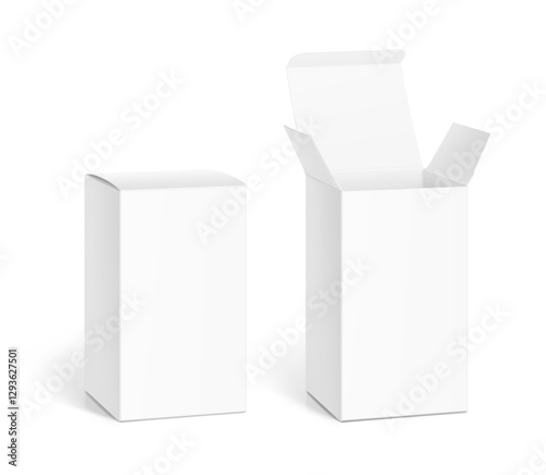 Realistic white open and closed paperboard box mockup. Front view. Vector illustration isolated on white background. Taking your 2D designs into 3D. Can be use for pharmacy, cosmetic, food. EPS10.	