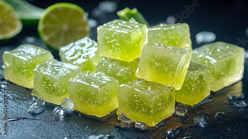 Lime Cubes: A close-up shot showcasing a pile of vibrant, translucent lime cubes, glistening as they sit atop a dark, textured surface. Scattered ice crystals add a touch of freshness. 