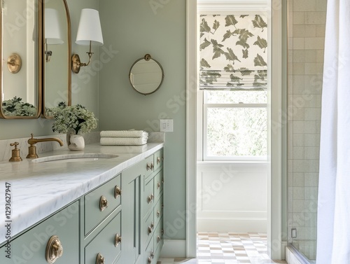 A bathroom with a green cabinet and a white toilet. The toilet is next to a sink. A mirror is above the sink