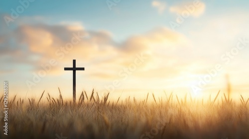 Sunset Over Wheat Field with Cross Silhouette Against Sky