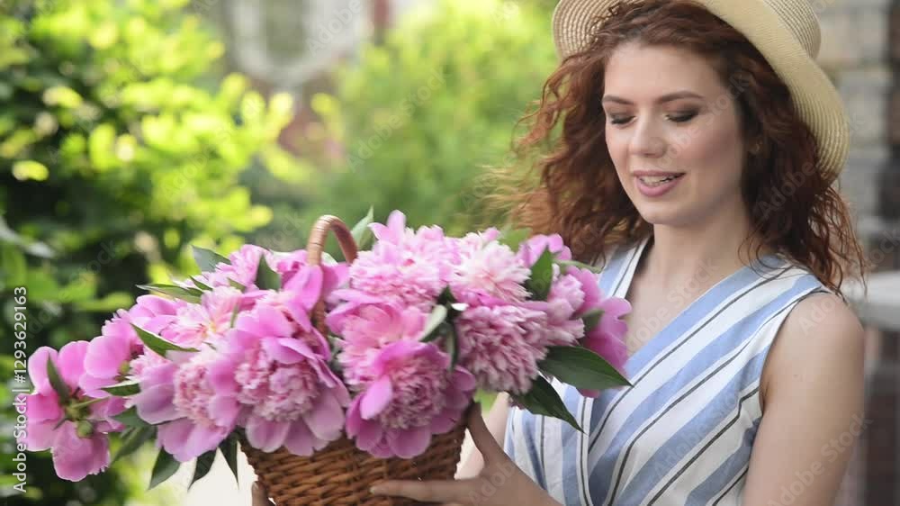 Girl sits on lush green grass and inhales the scent of flowers, listens to birds singing and holds a bouquet of pink peonies, peaceful scene, carefree. Countryside vacation in spring Girl sits on lush green grass and inhales the scent of flowers, listens to birds singing and holds a bouquet of pink peonies, peaceful scene, carefree. Countryside vacation in spring