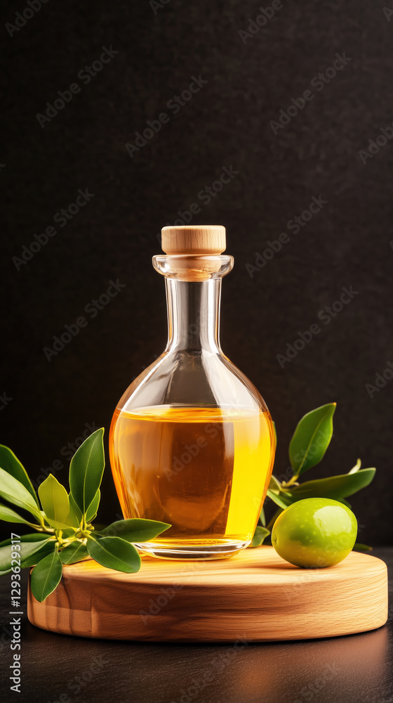 Fresh olive oil in glass bottle with olives and leaves Fresh olive oil in glass bottle with olives and leaves