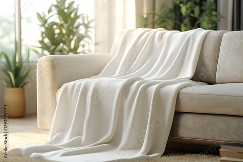 Cozy Comfort  A plush  cream-colored blanket draped elegantly over a modern sofa  bathed in soft sunlight with plants adding a touch of natural beauty to the interior.