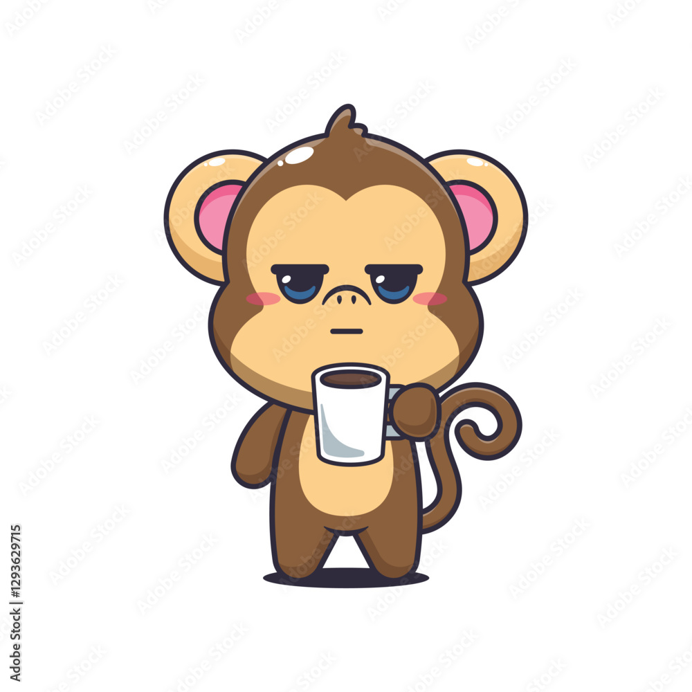 Monkey cartoon vector illustration is tired and sleepy holding coffee Monkey cartoon vector illustration is tired and sleepy holding coffee