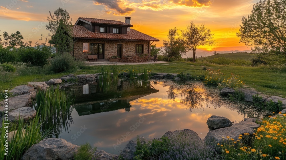 Fototapeta premium Sunset Serenity: Stone House, Pond Reflection, and Vibrant Sky