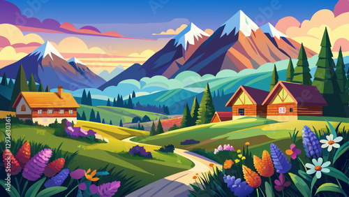 Tatra mountains landscape panorama, Poland colorful flowers and cottages in Gasienicowa valley (Hala Gasienicowa), warm summer morning