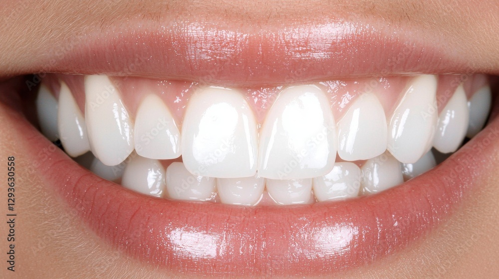 Fototapeta premium Close-Up of a Bright, Healthy Smile with Perfectly Aligned, White Teeth and Glossy Lips Displaying Oral Hygiene