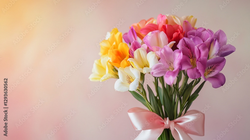 Obraz premium A bouquet of mixed freesias tied with a satin ribbon, standing elegantly on a soft gradient background
