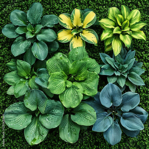 A mixed garden selection of plants with colorful hostas blooming in the shade.