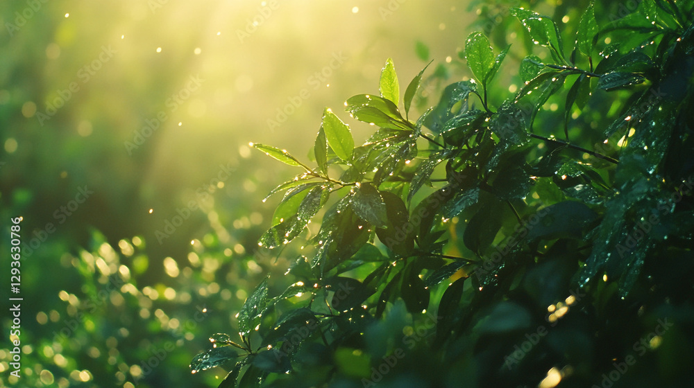Vibrant green lush leaves sunlight dew drops nature beauty wet plant fresh shiny image photo macro Vibrant green lush leaves sunlight dew drops nature beauty wet plant fresh shiny image photo macro
