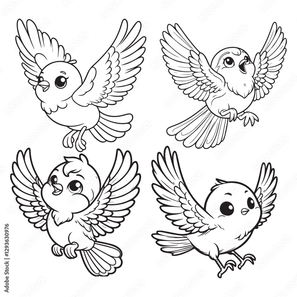 Fototapeta premium High-Quality Cute Cartoonic Nightingale Flying Pose Outline Vector Illustrations