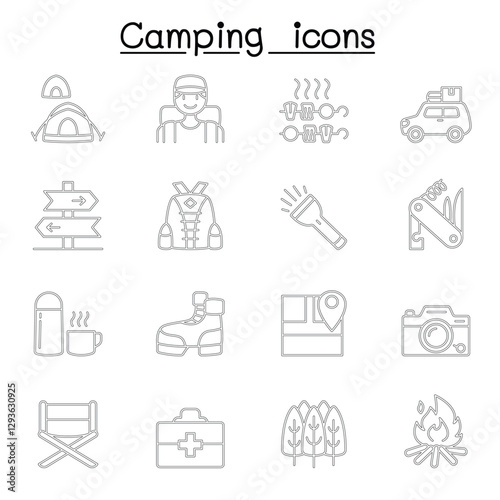 Camping & Hiking icons set in thin line style