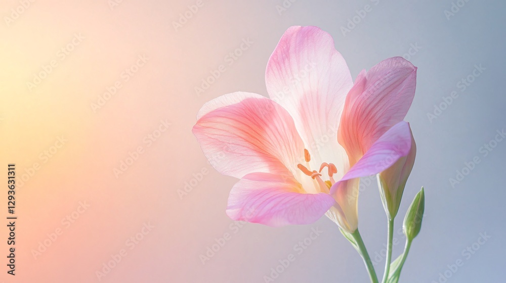 A delicate, translucent pink freesia flower floating in mid-air, softly lit against a pastel gradient background A delicate, translucent pink freesia flower floating in mid-air, softly lit against a pastel gradient background