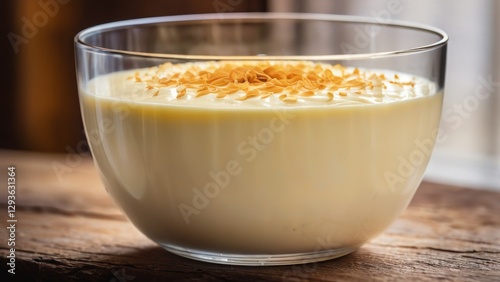 A clear glass bowl filled with creamy, smooth vanilla pudding is topped with a generous sprinkle of golden, toasted almond flakes. The bowl is placed on a rustic wooden surface