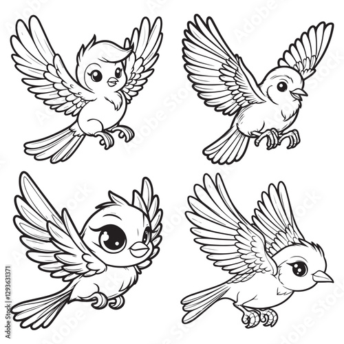 "High-Quality Cute Cartoonic Oriole Flying Pose Outline Vector Illustrations"