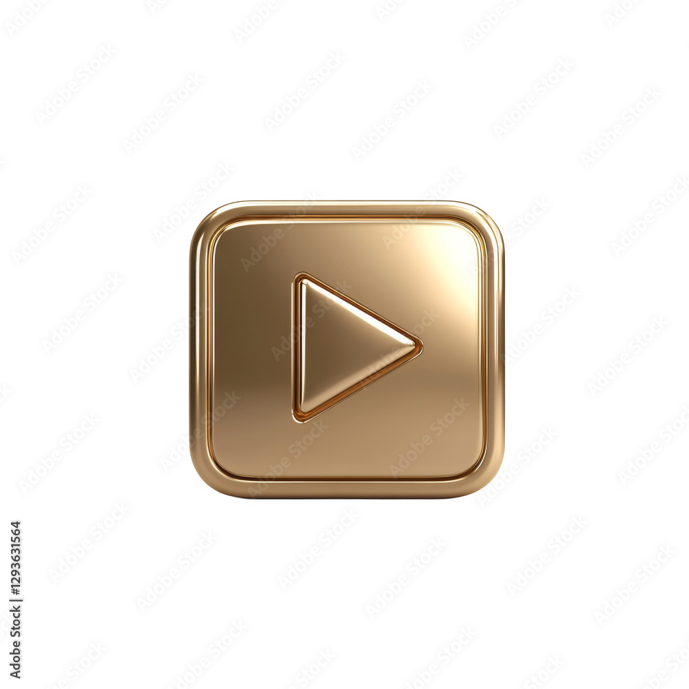 Shiny gold play button icon with rounded square shape and triangle symbol in center Shiny gold play button icon with rounded square shape and triangle symbol in center