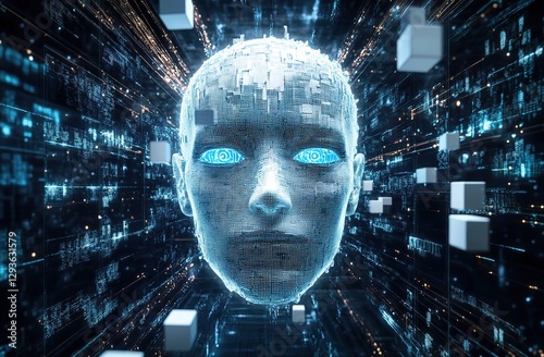3d Artificial Intelligence Holographic AI Face Data Streams Cubic Head Dark Matrix