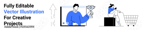 Man holding trophy emerging from screen, woman on box with mobile and cart, upward arrow. Ideal for success, online shopping, achievement, marketing, e-commerce, progress flat landing page banner
