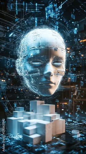 3d Artificial Intelligence Holographic AI Face Data Streams Cubic Head Dark Matrix