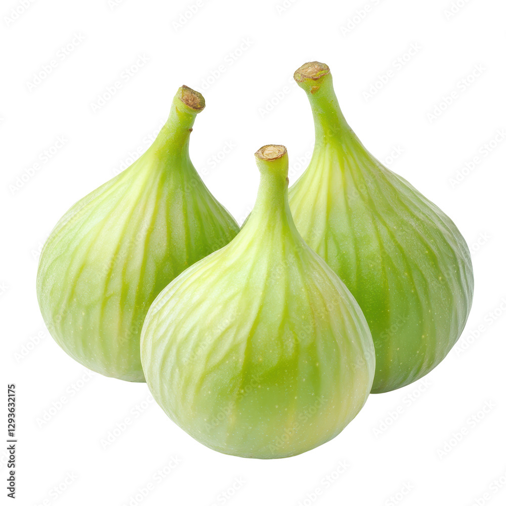 Obraz premium Three fresh green figs, vibrant and plump, ideal for healthy recipes or as a natural snack, with copy-space for text. Isolated on white background or PNG
