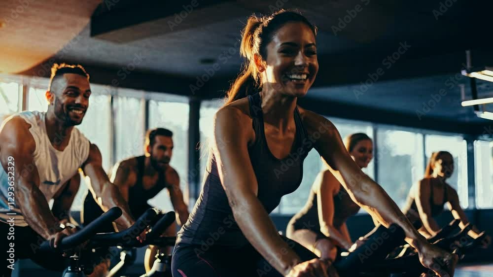 Group cycling class with energetic participants, captured in a low-angle shot. The video showcases a vibrant, motivational fitness atmosphere.