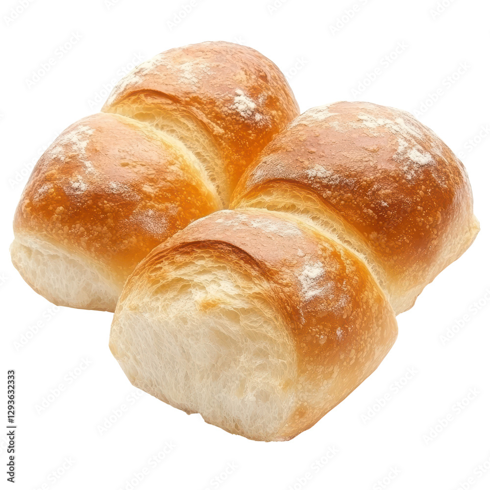 Warm, freshly baked rolls, golden brown crust, fluffy interior, perfect for dinner tables or festive meals, inviting and delicious. Isolated on white background or PNG Warm, freshly baked rolls, golden brown crust, fluffy interior, perfect for dinner tables or festive meals, inviting and delicious. Isolated on white background or PNG